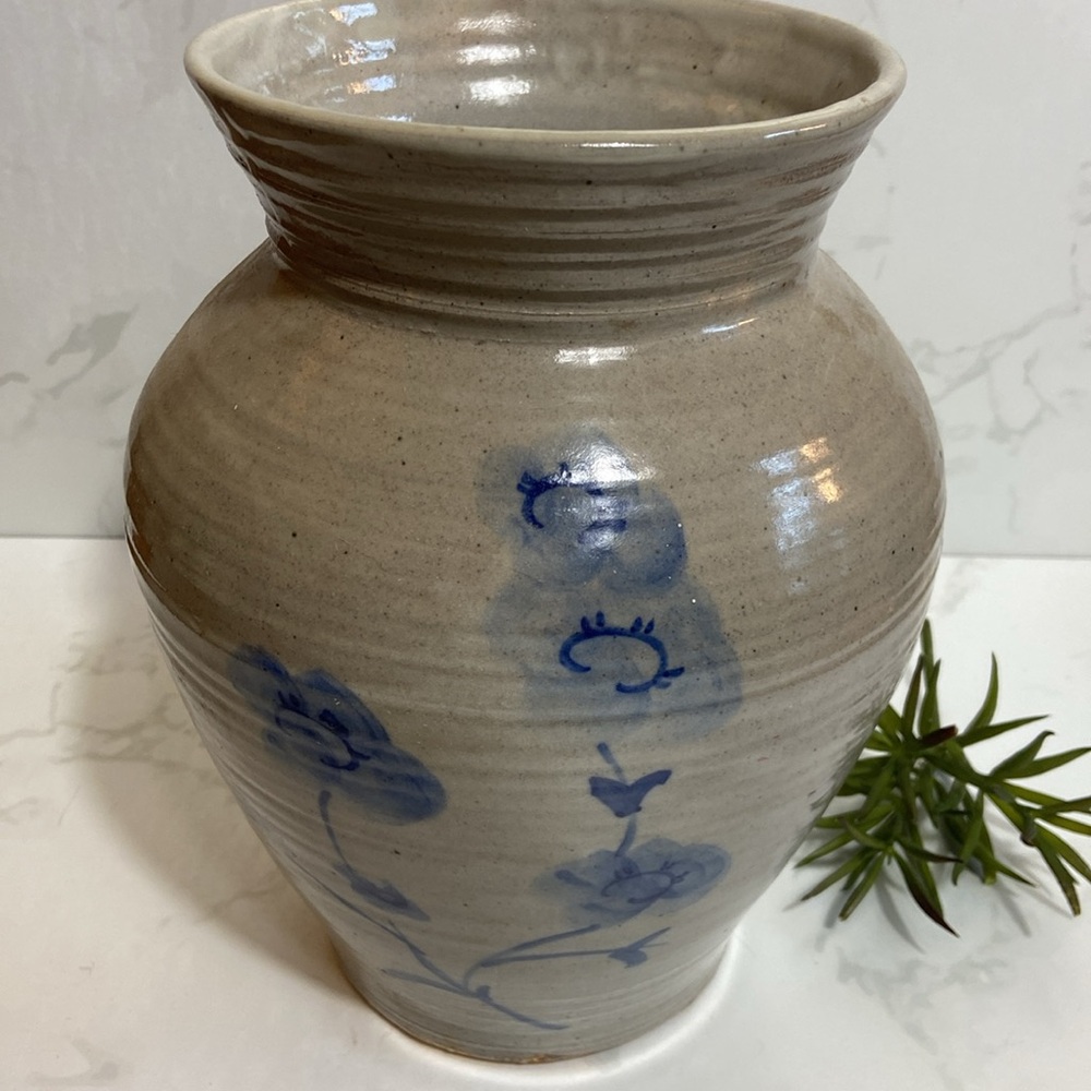 Vintage Studio Pottery Vase Blue Floral Stoneware Rustic Farmhouse 10” Stoneware - Picture 3 of 7